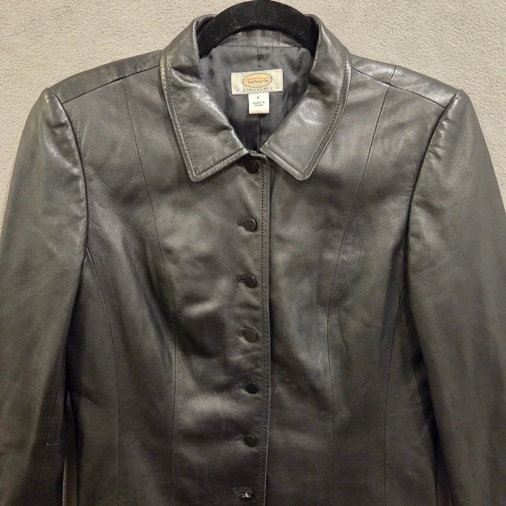 Talbots Black Leather Button Front Blazer Jacket Women's Size 6P Office Classic